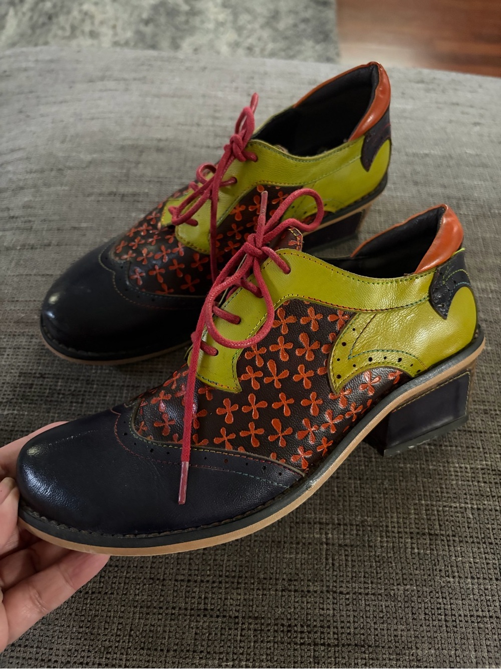 Socofy Women’s Spring Genuine Leather Round Toe Lace-Up Sewing Pumps Sz 37/ 6.5